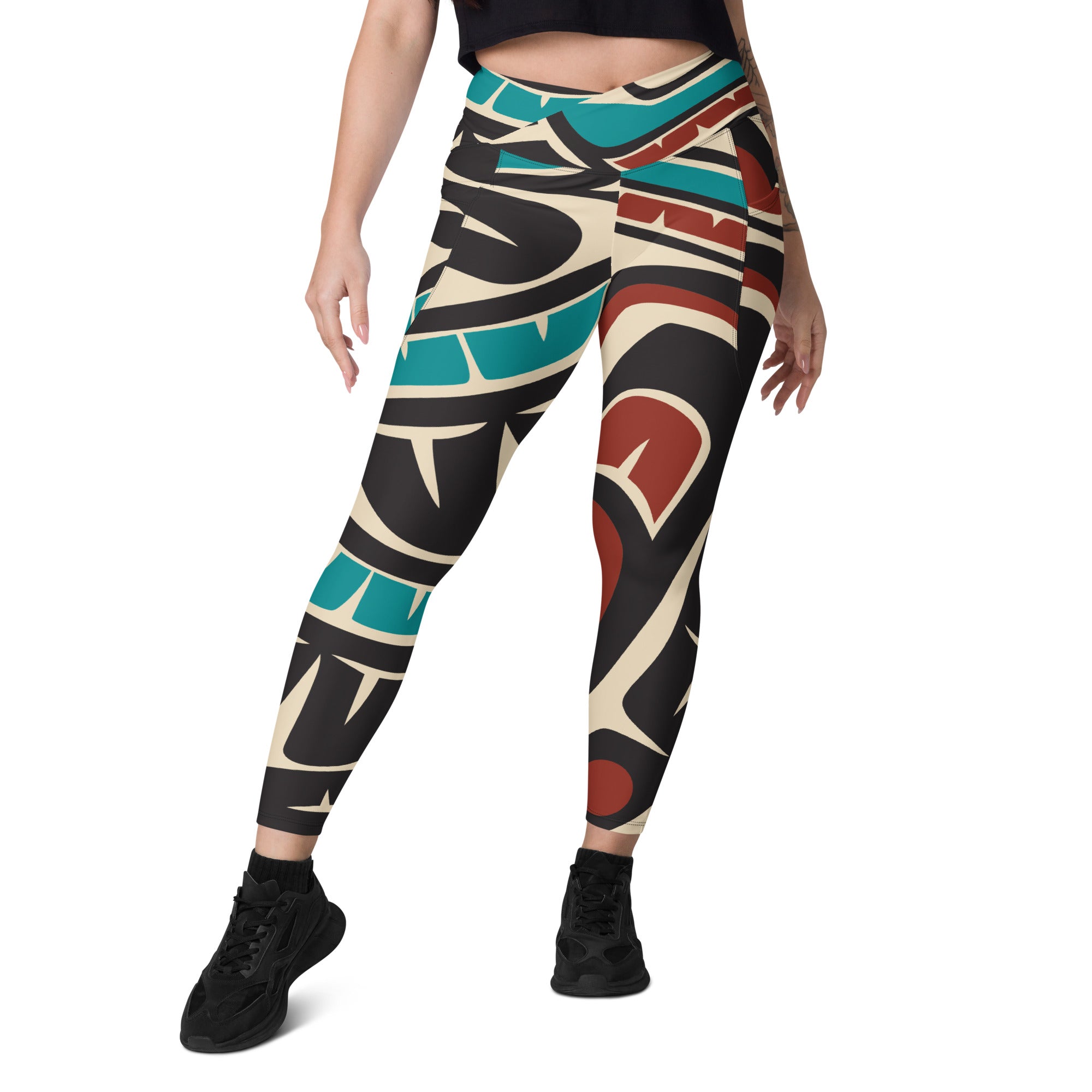 *Crossover Leggings with Pockets - Classic Tribal Hummingbird Print - Northern Spiritlines™