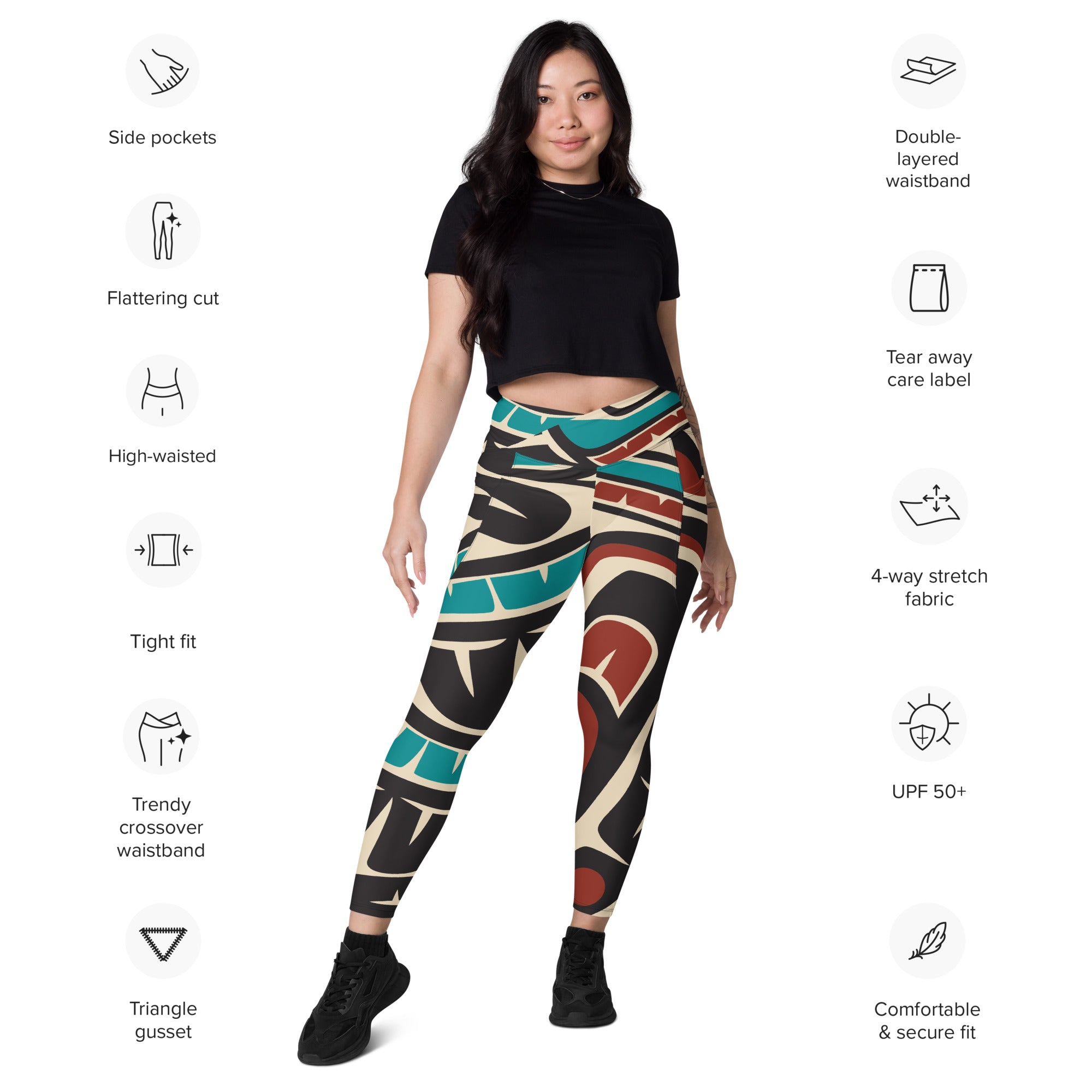 *Crossover Leggings with Pockets - Classic Tribal Hummingbird Print - Northern Spiritlines™