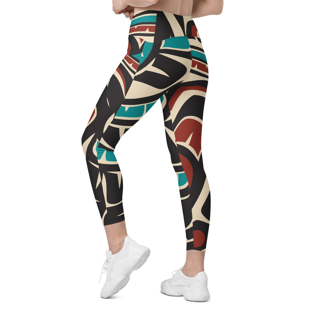 *Crossover Leggings with Pockets - Classic Tribal Hummingbird Print - Northern Spiritlines™