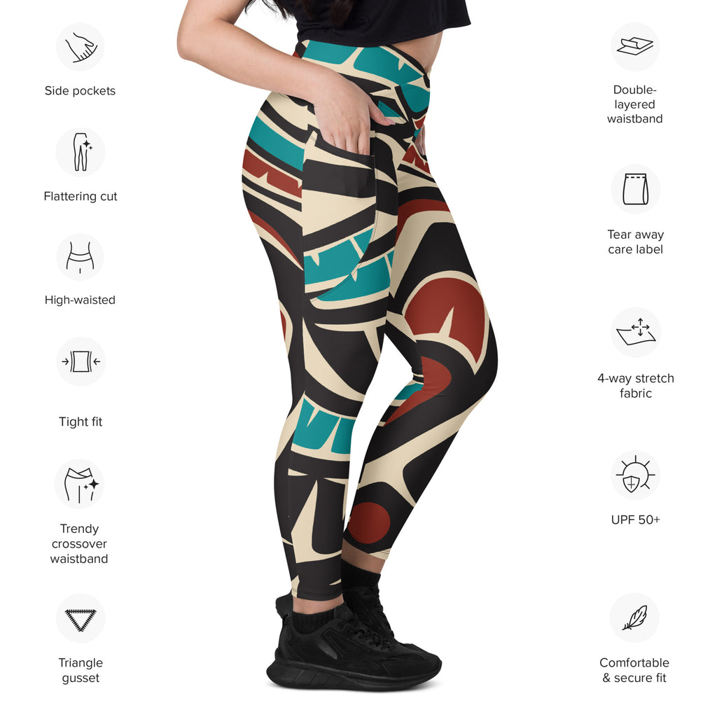 *Crossover Leggings with Pockets - Classic Tribal Hummingbird Print - Northern Spiritlines™