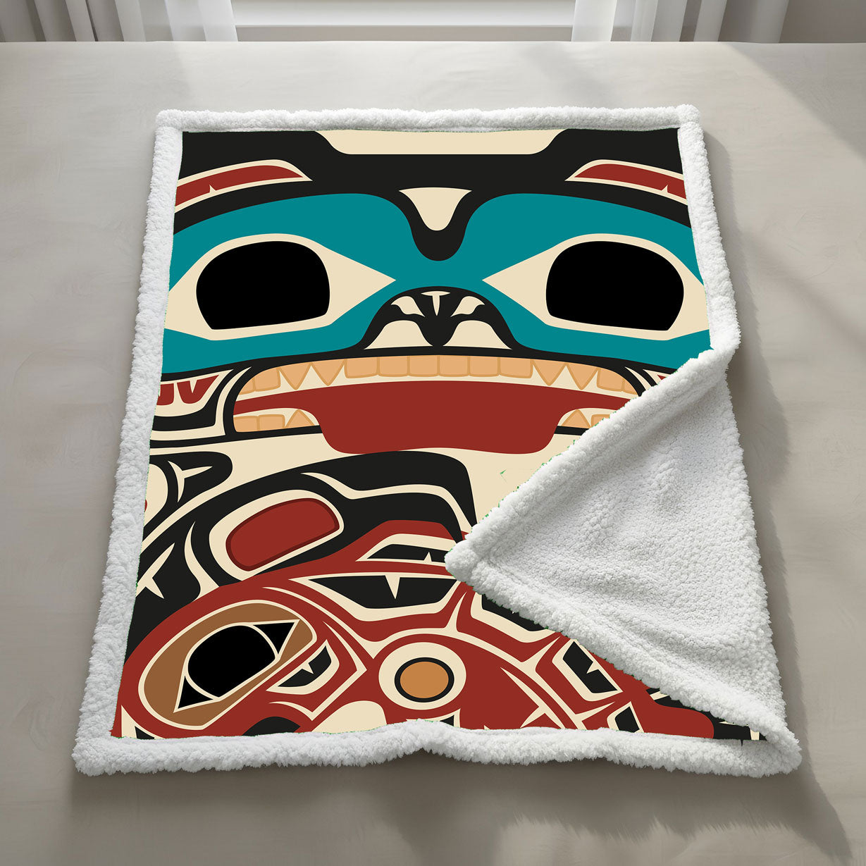 Sherpa Lined Coral Fleece Blanket | Tribal Bear & Salmon | Northern Spiritlines™ Signature