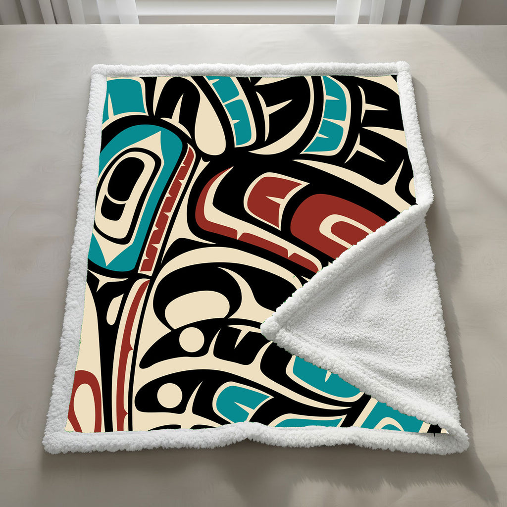 Sherpa Lined Coral Fleece Blanket | Classic Tribal Hummingbird | Northern Spiritlines™ Signature