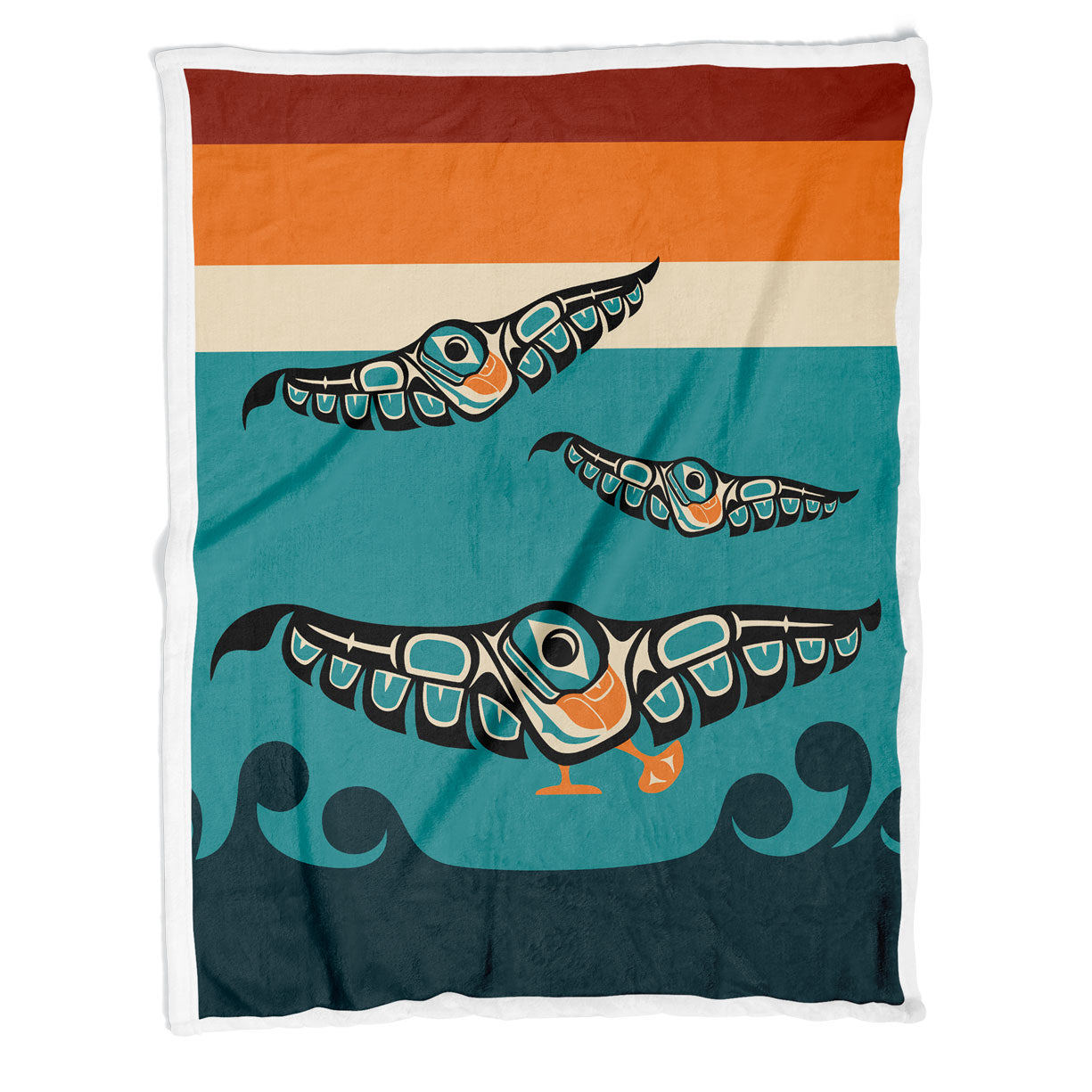 Sherpa Lined Coral Fleece Blanket | Classic Tribal Puffins | Northern Spiritlines™ Signature