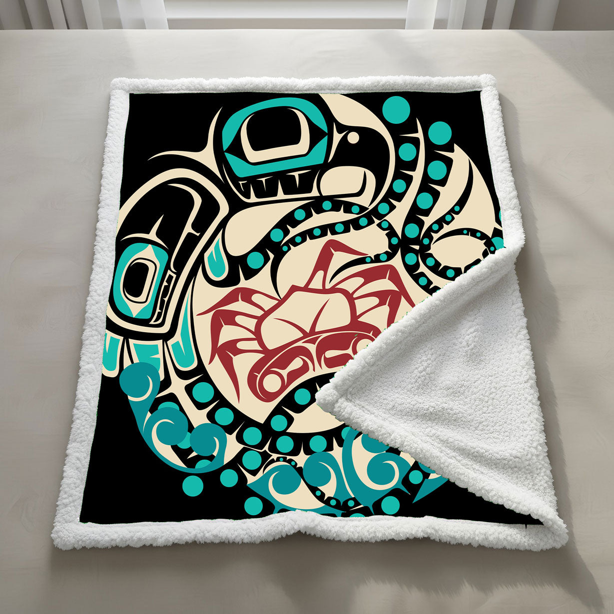 Sherpa Lined Coral Fleece Blanket | Classic Tribal Octopus | Northern Spiritlines™ Signature