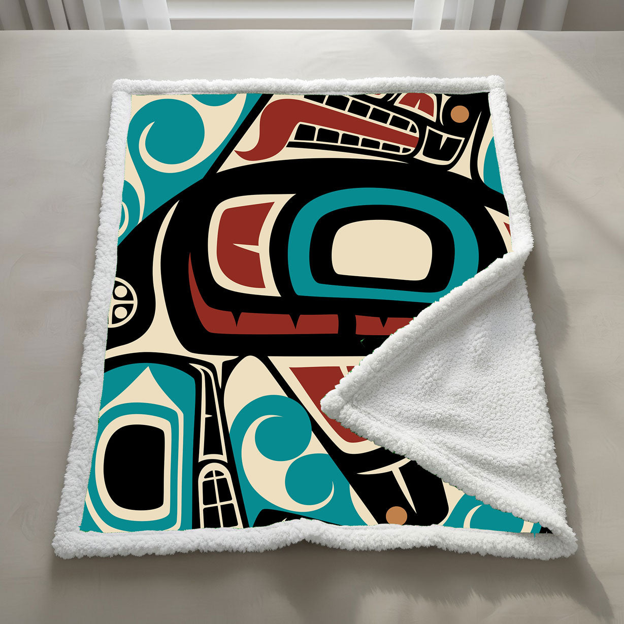 Sherpa Lined Coral Fleece Blanket | Classic Tribal Orca | Northern Spiritlines™ Signature
