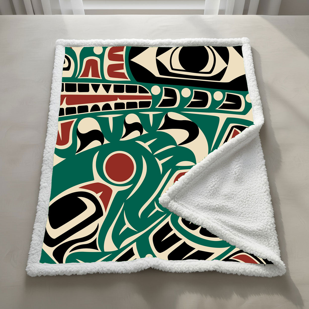 Sherpa Lined Coral Fleece Blanket | Classic Tribal Sea Monster | Northern Spiritlines™ Signature